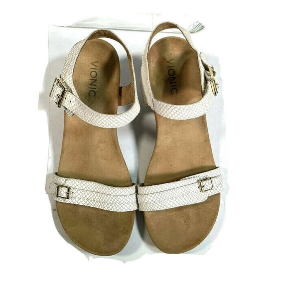Vionic White Sandals Size 10 Laurie Wedge Ankle Strap Buckle Snake Print - Picture 7 of 12